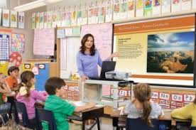 teacher using projector in classroom